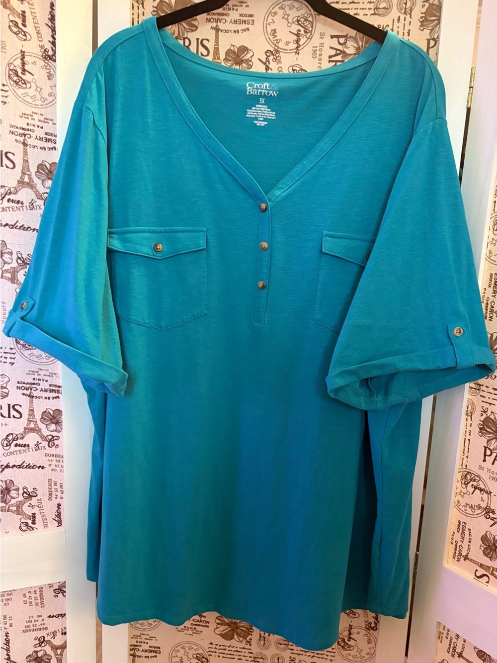 Croft & Barrow 3X Turquoise Roll Tab Henley Top | Dual Pocket Blouse - Picture 6 of 8